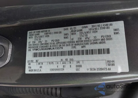 2021 Ford Escape Se из США, поврежденный, VIN 1FMCU9G60MUA15379